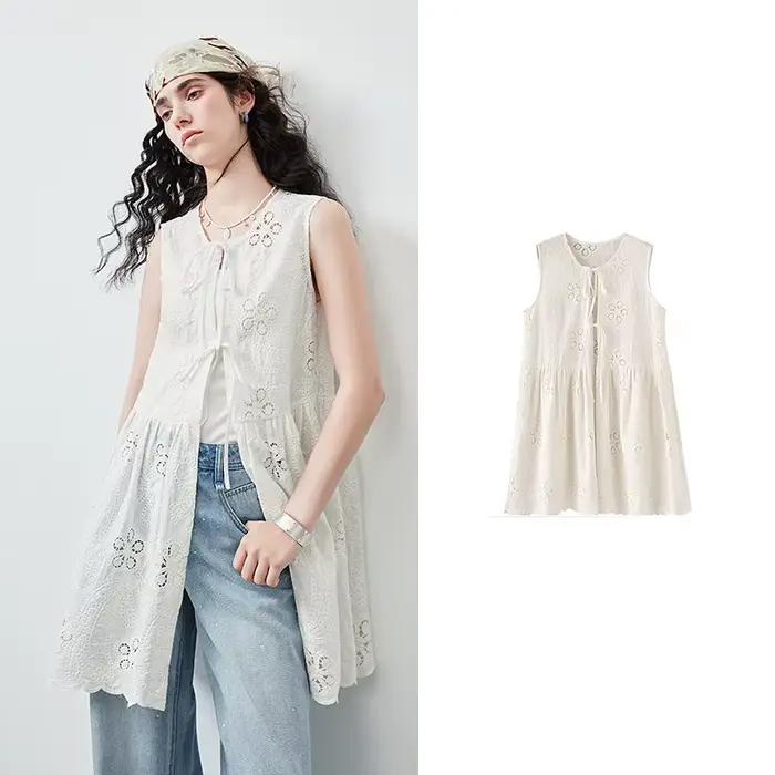 TOYOUTH Blouse sans manches pour femme, été 2026, en coton, broderie ajourée, style industriel, ourl
