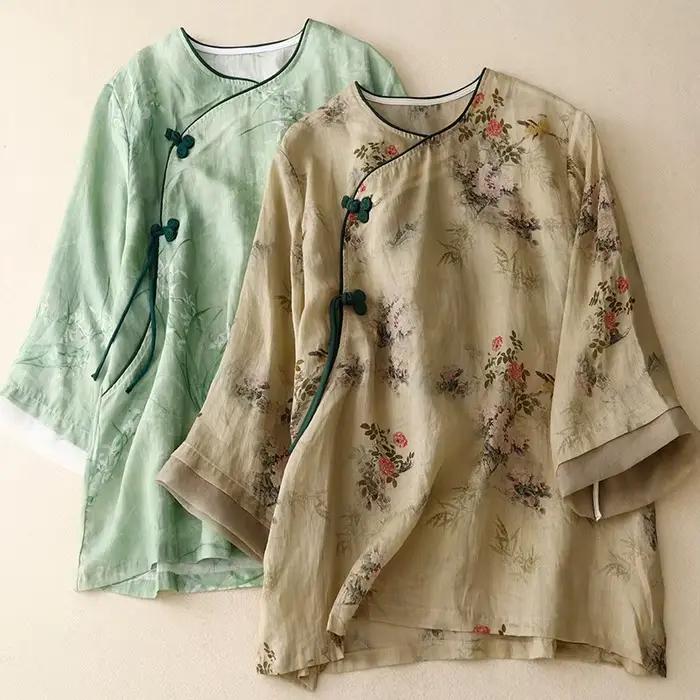 Chemise décontractée à imprimé floral de style chinois pour femmes, chemises en Y pour femmes, col r
