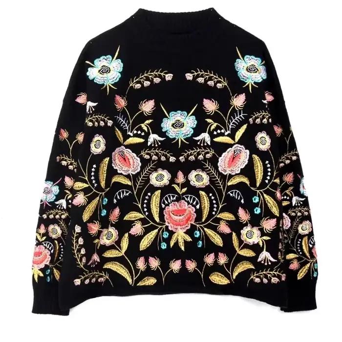 Décontracté noir broderie florale pull pull femmes boho à manches longues col rond automne hiver pul
