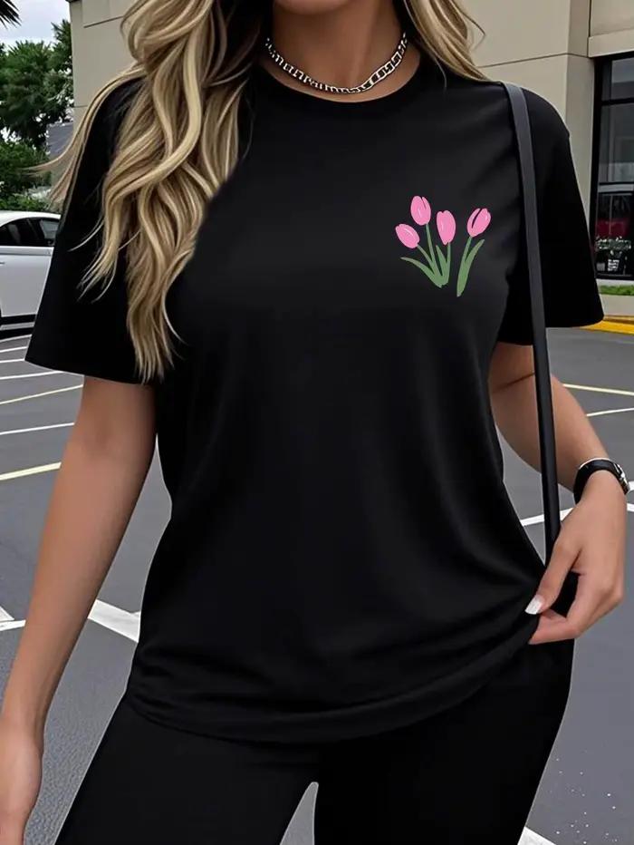 T-shirt décontracté à manches courtes pour femme 2026 – Motif tulipe créatif et amusant, motifs impr