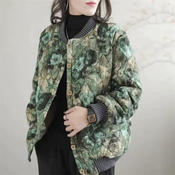 Cardigan à col montant imprimé coréen pour femme, veste en coton chaud épaissi pour femme, haut déco