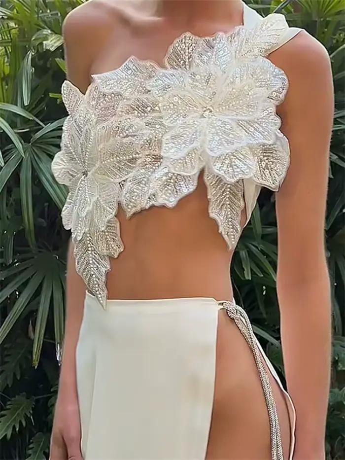 Hauts à une épaule pour femmes, fleur, tendance, dos nu, coupe cintrée, sans manches, gilet court, é