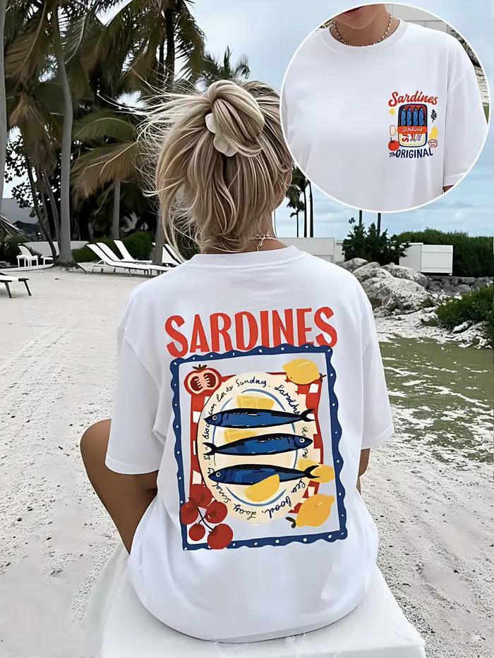 T-shirt graphique Sardines d'été italiennes pour femme, style vacances méditerranéennes, manches cou