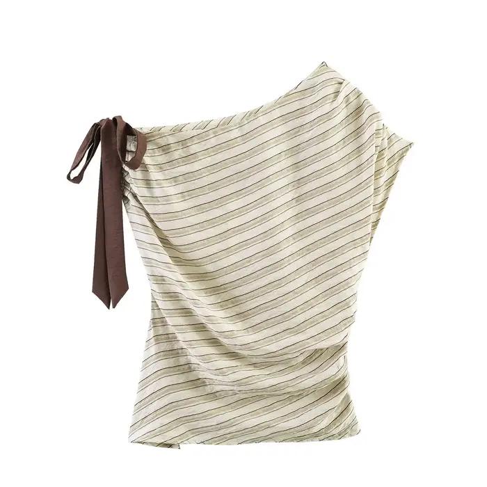 T-shirt pour femme 2026 – Nouvelle collection été, décontracté, rayé, avec nœud décoratif, asymétriq