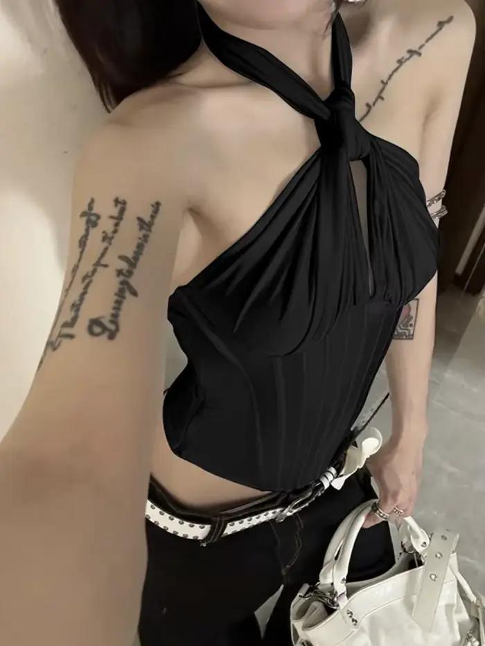 Haut court à col licou pour femmes, vêtements dos nu, Camison Verano, couleur unie, accessoires mign