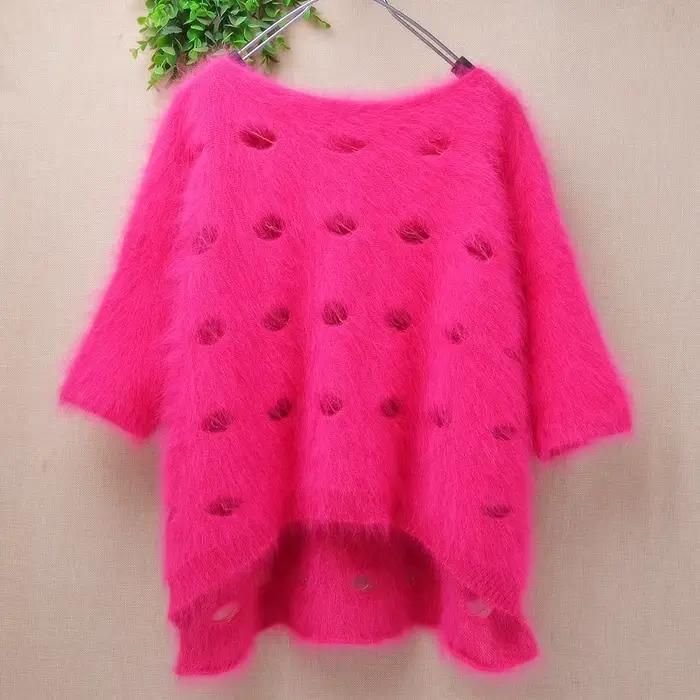 Pull-over ample tricoté en véritable poils de lapin Angora doux et duveteux, col rond, manches court