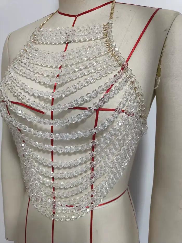 Transparent multicouche gilet hauts à la main perles soutien-gorge chaîne culture hauts Sexy boîte d