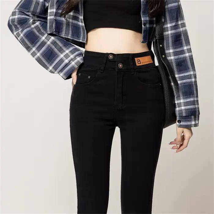 Jean Skinny Taille Haute Femme Boutonné Style Y2K en Denim Extensible Classique Amincissant Jeggings