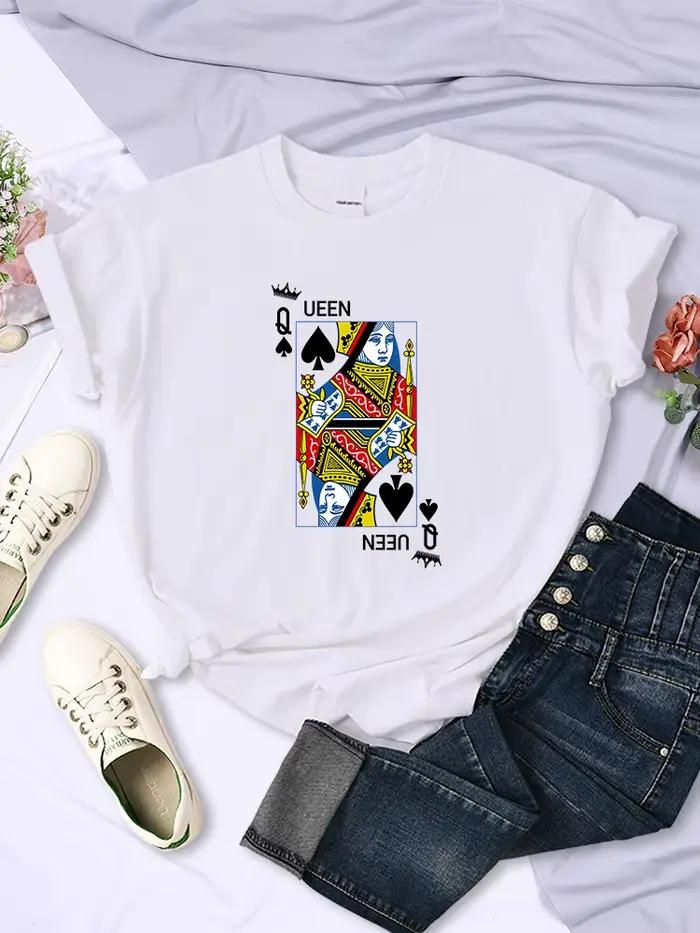 T-shirt à manches courtes imprimé cartes de poker Queen Of Spades Q pour femmes, décontracté, Kawaii