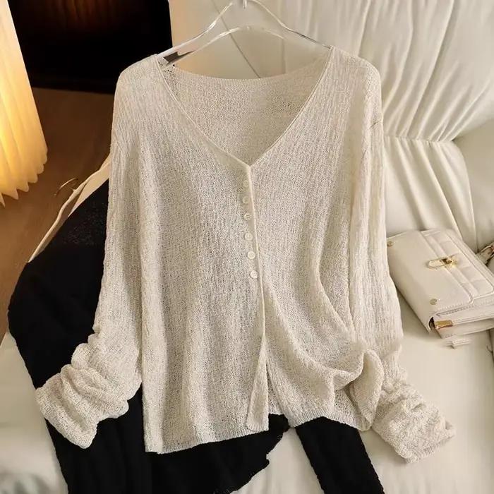 Manteaux légers en maille pour femmes, vêtements ajourés à manches longues, couleur unie, col en V,