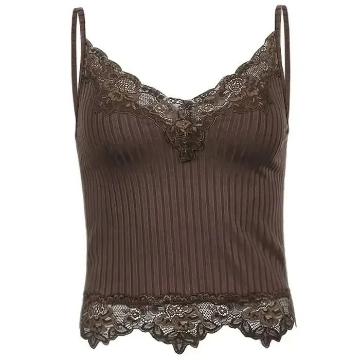 Débardeurs en dentelle patchwork style gothique 2026 pour femmes, sexy, col en V, marron, rétro, cou