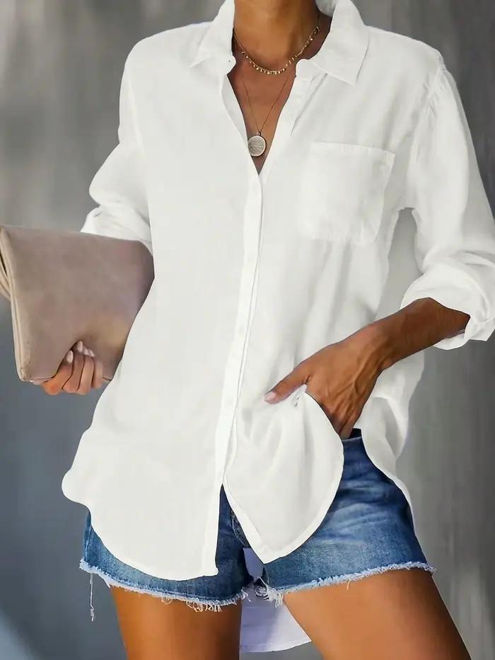 Chemise en coton et lin pour femme — Style décontracté, quotidien, couleur unie, style basique — Man