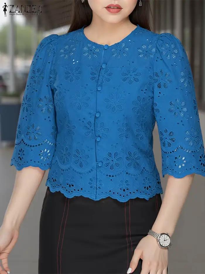 2026 ZANZEA été dentelle Crochet chemises femmes élégantes travail Blouse bohême 3/4 manches vacance