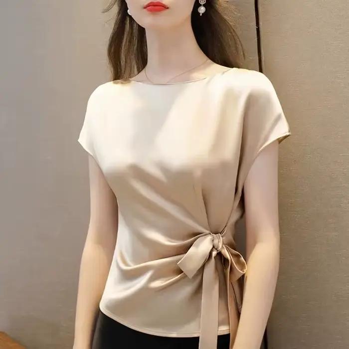 Chemise en mousseline de soie à col bateau pour femme, blouse en satin acétate, vintage, noir, blanc