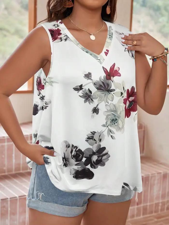 Débardeur à col en V imprimé floral pour femmes, vêtements d'été pour femmes, haut sans manches déco
