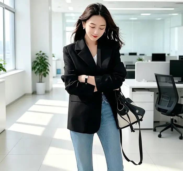 Blazer noir chic surdimensionné pour femme, veste de costume décontractée pour le bureau, blazer pro