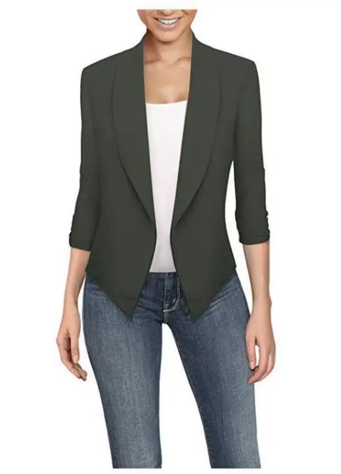 Blazer cranté à poches solides pour femmes, veste mince, manteau féminin, grande taille, travail, bu