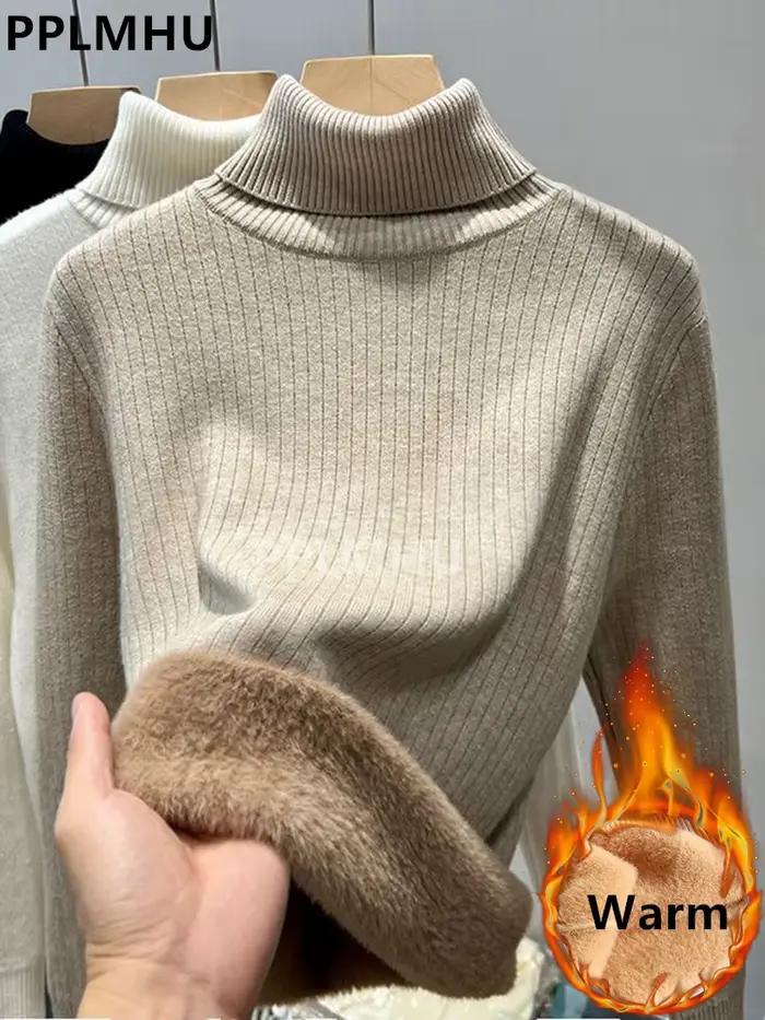 Épaissir pull à col roulé pour hiver femmes décontracté mince en peluche doublé chaud tricot pull no