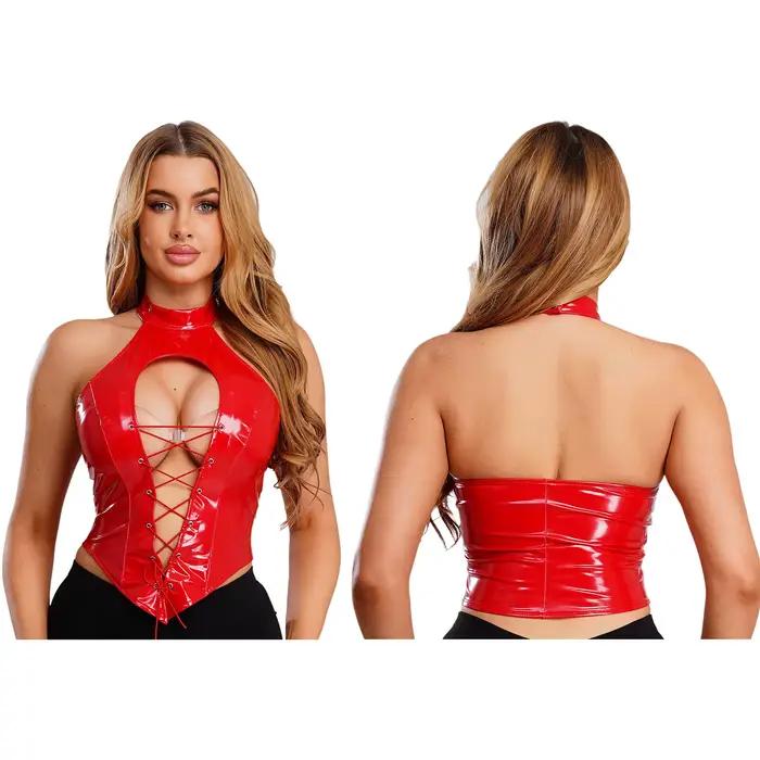 Haut court Punk gothique brillant pour femmes, col licou sur le devant, ajouré avec lacets, sans man