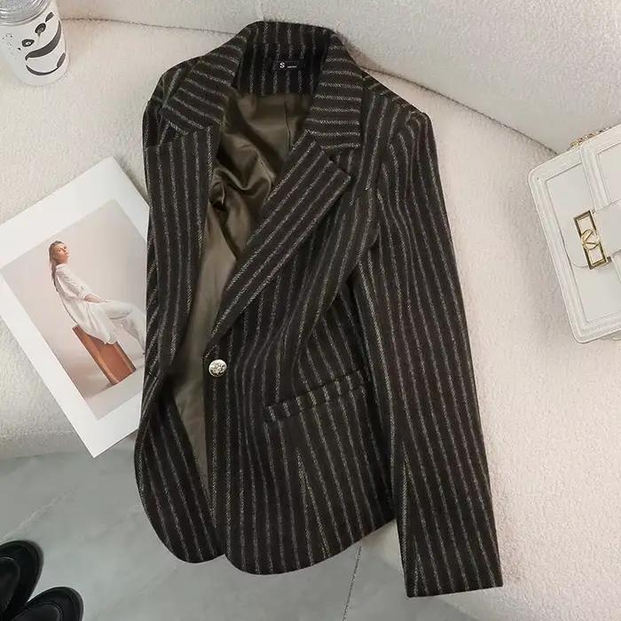 Blazer formel en laine à rayures marron pour femmes, nouveau manteau de costume à manches longues, c