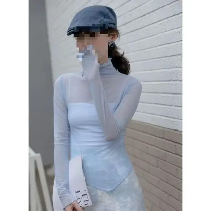 Haut de protection solaire pour femme en maille fine à col montant, style intérieur, blanc, pour l'é