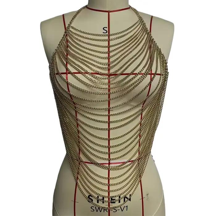 Haut court avec chaîne en or brillant pour femmes, bijoux de corps Sexy, vêtements de fête, Clubwear