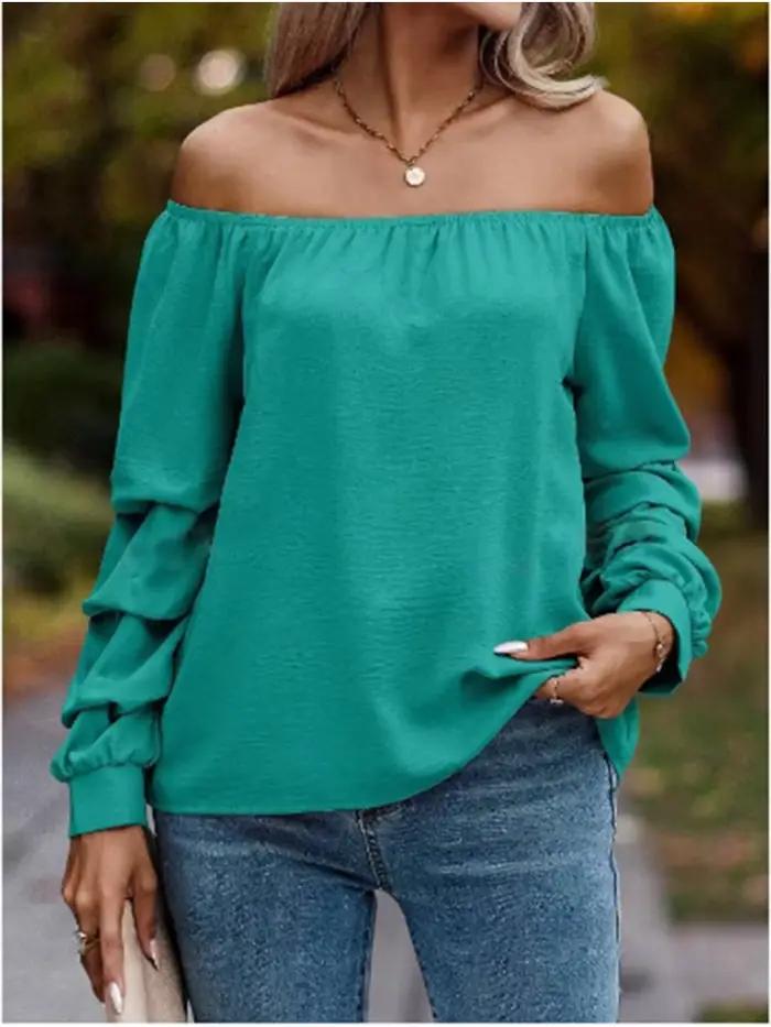 T-Shirt à manches longues pour femmes, Sexy, couleur unie, épaules dénudées, manches pliantes, éléga