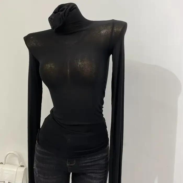 Mince doux américain à manches longues T-shirt col haut empilé serré Perspective bas chemise femmes
