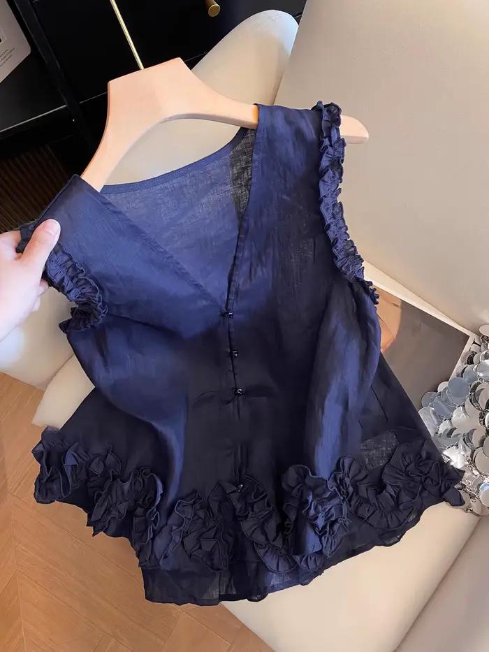 Chemisier sans manches bleu marine pour femmes, Vintage, Style français, garniture à volants plissée