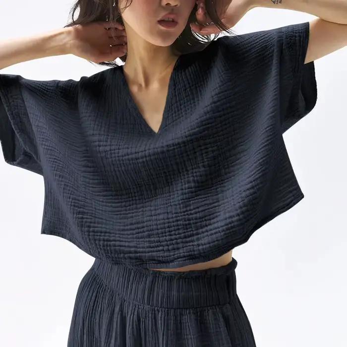 Haut en mousseline de coton chic pour femme, t-shirt sexy, col en V, manches courtes, streetwear déc