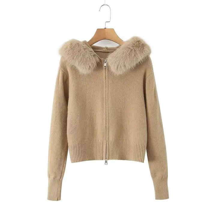 Cardigan ample en maille pour femme, nouvelle collection Printemps 2026, col en fourrure amovible, s