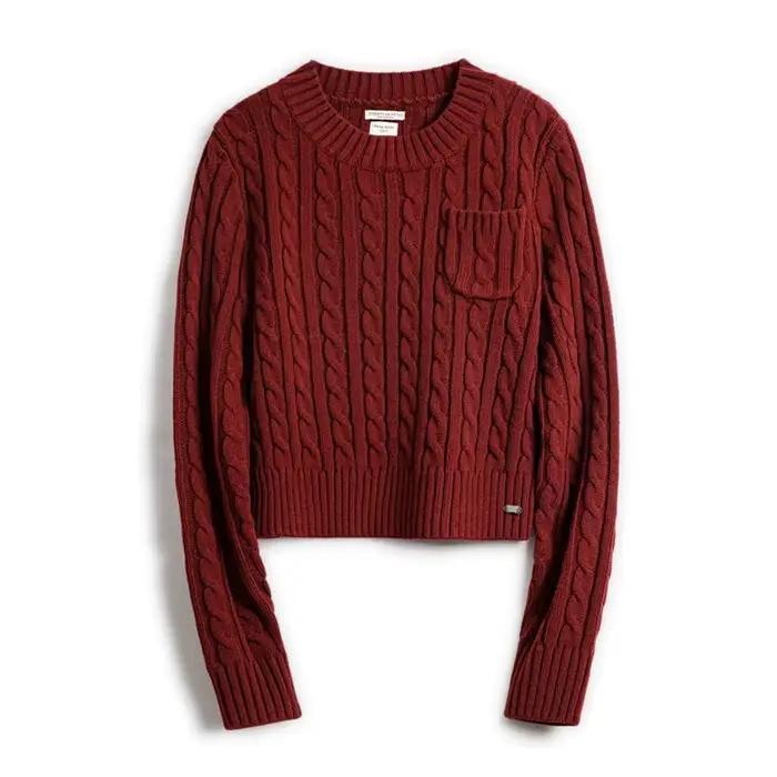 Maden Sweat-shirt féminin de couleur bordeaux Suéter court et ajusté en maille épaisse pour Noël Aut