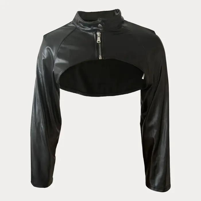 Blouson similicuir PU femme, chic, sexy, haut court zippé avec col montant, manches longues, couleur