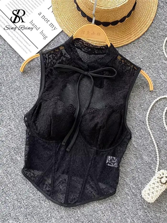 SINGREINY France rétro dentelle Corset mince évider nœud Mini hauts femmes solide Sexy pure mode été
