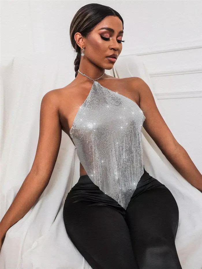 Collier chaîne en métal dos nu à paillettes dorées, haut tendance, Streetwear, longueur courte, coul