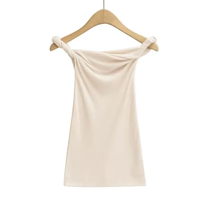 T-shirt à manches courtes et épaules dénudées pour femme, haut froncé, col slash, blanc, rose, kawai