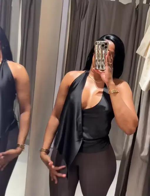Haut court jaune en satin à col en V profond et dos nu pour femme, style décontracté et sexy, collec