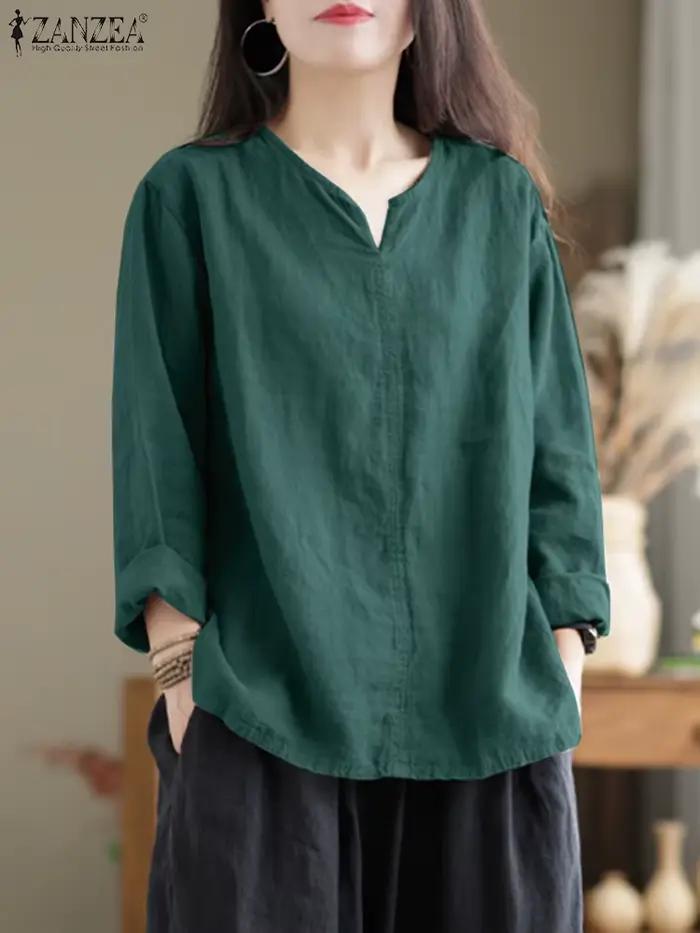 Vintage femmes coton Blouse automne col en V à manches longues hauts 2025 ZANZEA rétro solide chemis