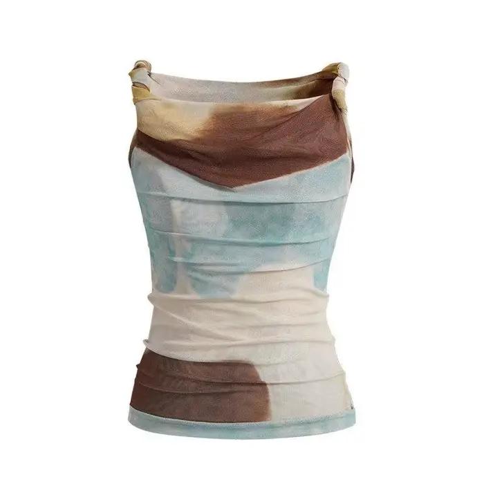 Aoaiiys Débardeur Femme Été Épaules Dénudées Camisole Imprimé Tie-Dye Abstrait Maille Coupe Irréguli