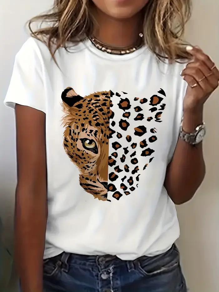 Nouveau T-shirt décontracté tendance pour femme 2026 - Imprimé demi-visage et motif léopard - Graphi