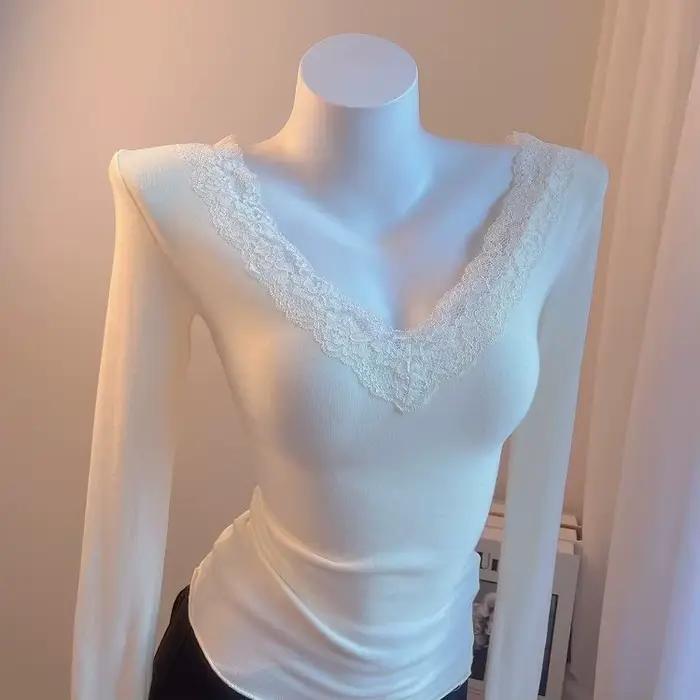 T-shirt à manches longues en dentelle blanche pour femme, simple, épissé, délicat, sexy, style franç