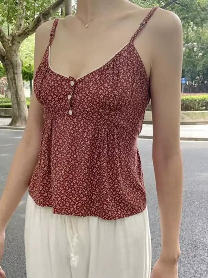Haut court à volants en coton à col en V pour femmes, gilets vintage féminins, imprimé floral, bouto