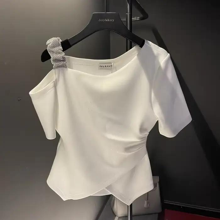 T-shirt court taille fine pour femme, t-shirts sexy, t-shirts tuniques diamant, document solide, mod