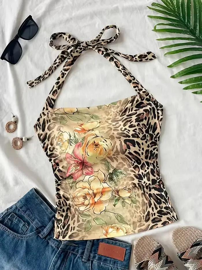 Haut court pour femme, col demi-haut, imprimé léopard, motif floral coloré, idéal pour les vacances