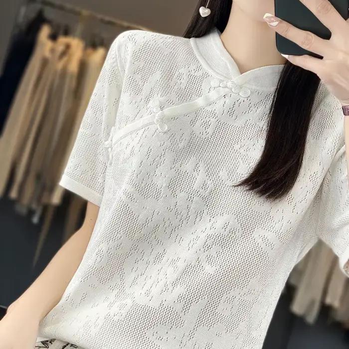 T-shirt à manches courtes pour femme, pull creux en jacquard tridimensionnel, t-shirts d'été, pull c