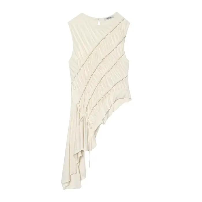 Nouvelle Blouse Gilet d'Été Femme 2026 Tendance Beige Élégante Asymétrique Hauts d'Été Chic Urbain B