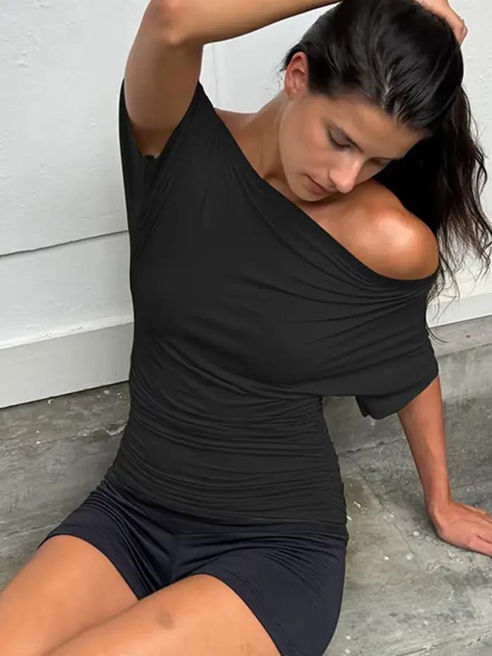 Haut court froncé à épaules dénudées pour femmes, basique, couleur unie, col incliné, T-shirts à man