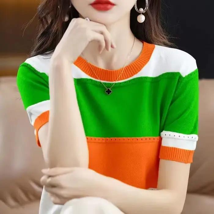 Nouveau T-shirt en soie glacée été 2026, haut rayé à manches courtes pour femme, col rond, couleurs