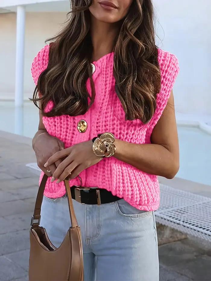 Cardigan en crochet sans manches pour femme avec boutons métalliques et poches, style léger à ouvert