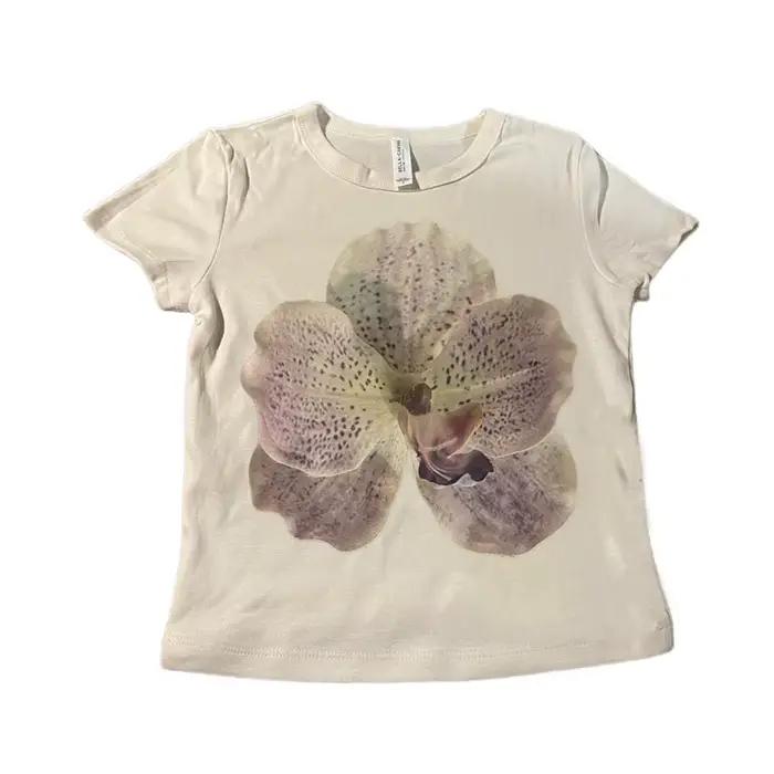 T-shirt à imprimé floral pour femmes, streetwear d'été, slim, motif Y, mancherons, col rond, nombril
